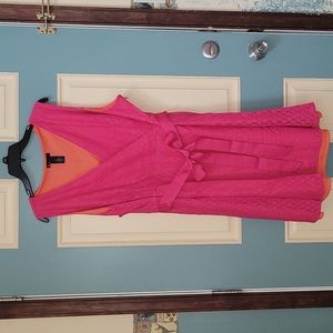 Lane Bryant pink lace pattern overlay 👗 with orange lining, ribbon belt